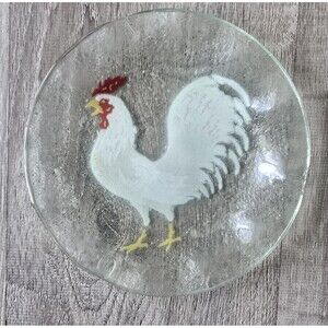 Fused Art Glass Plate Scalloped Edge White Rooster Chicken Vintage